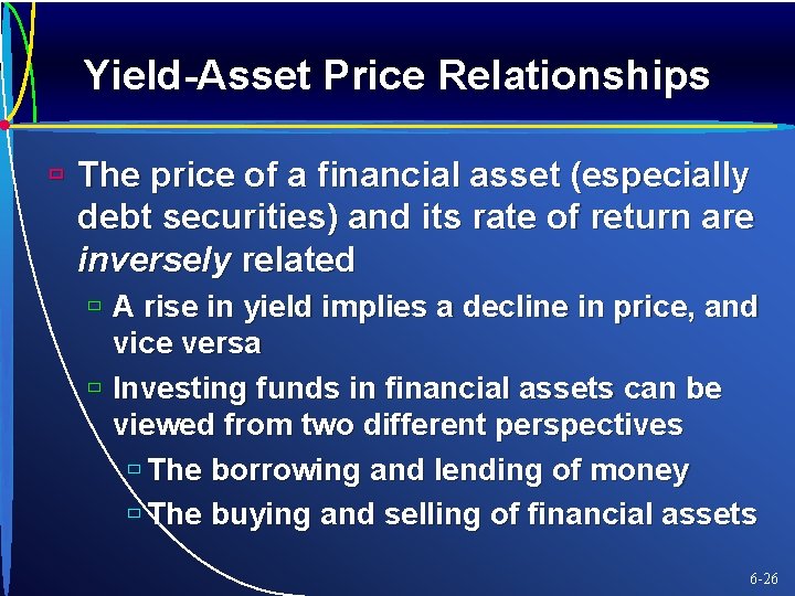 Yield-Asset Price Relationships ù The price of a financial asset (especially debt securities) and