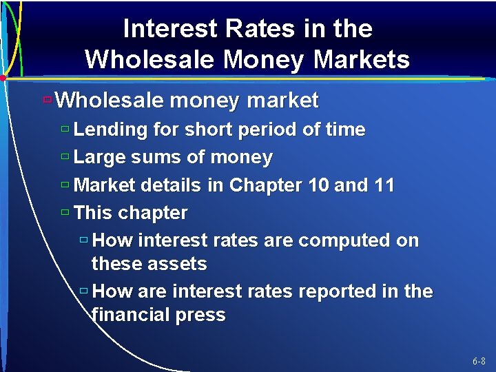 Interest Rates in the Wholesale Money Markets ù Wholesale money market ù Lending for