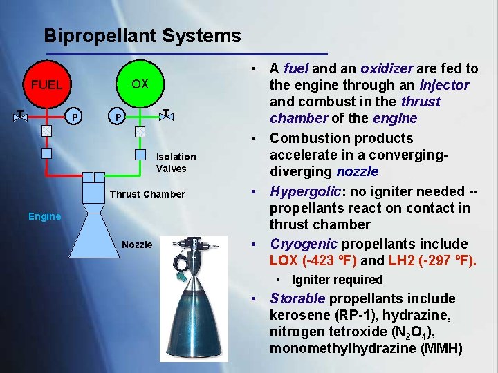 Bipropellant Systems OX FUEL P P Isolation Valves Thrust Chamber Engine Nozzle • A