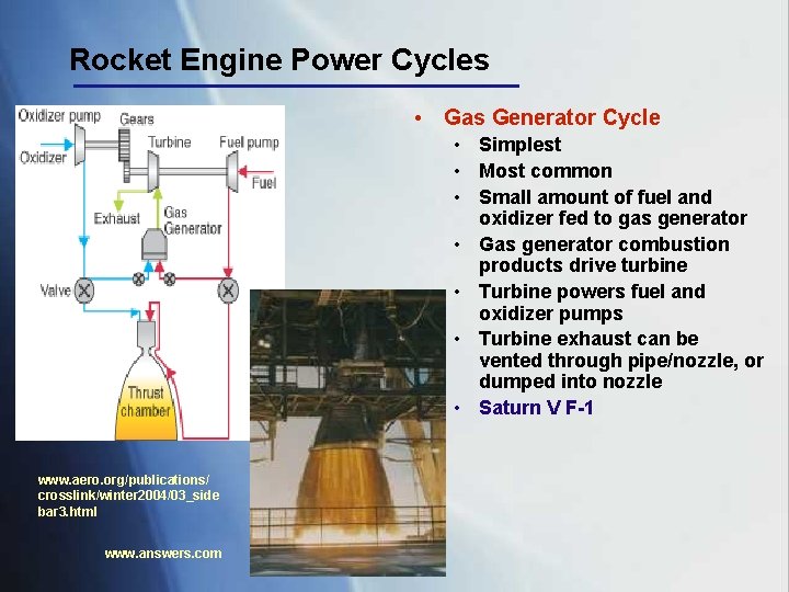 Rocket Engine Power Cycles • Gas Generator Cycle • Simplest • Most common •