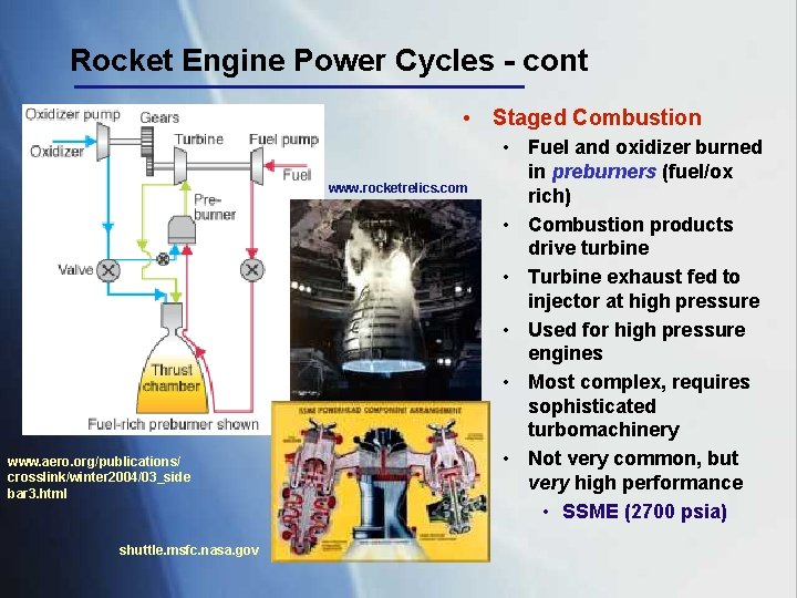 Rocket Engine Power Cycles - cont • Staged Combustion www. rocketrelics. com www. aero.