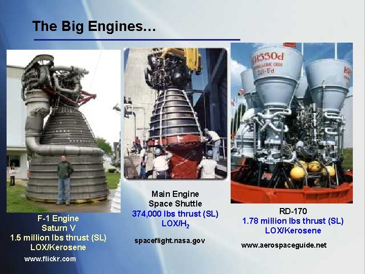 The Big Engines… F-1 Engine Saturn V 1. 5 million lbs thrust (SL) LOX/Kerosene