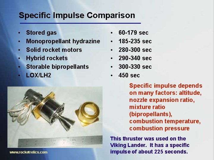 Specific Impulse Comparison • • • Stored gas Monopropellant hydrazine Solid rocket motors Hybrid