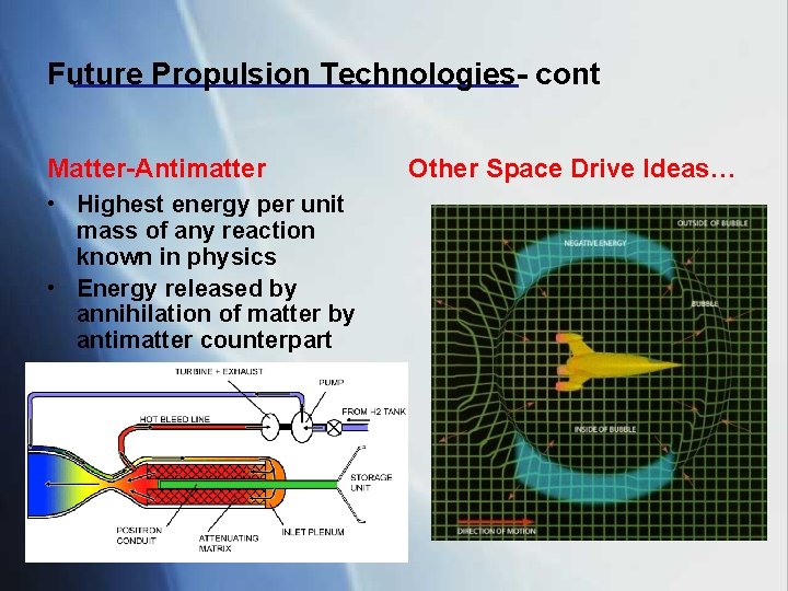 Future Propulsion Technologies- cont Matter-Antimatter • Highest energy per unit mass of any reaction