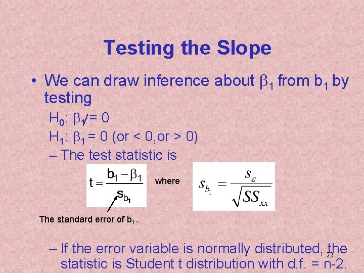 Testing the Slope • We can draw inference about b 1 from b 1 Testing the Slope • We can draw inference about b 1 from b 1