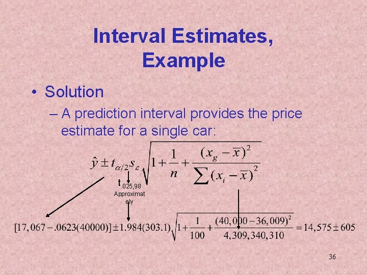 Interval Estimates, Example • Solution – A prediction interval provides the price estimate for Interval Estimates, Example • Solution – A prediction interval provides the price estimate for