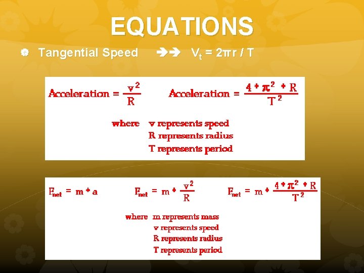 EQUATIONS Tangential Speed Vt = 2πr / T 