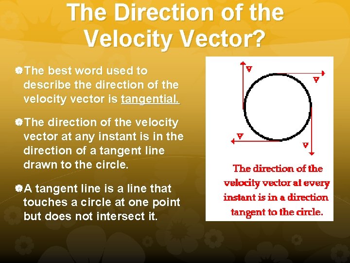 The Direction of the Velocity Vector? The best word used to describe the direction