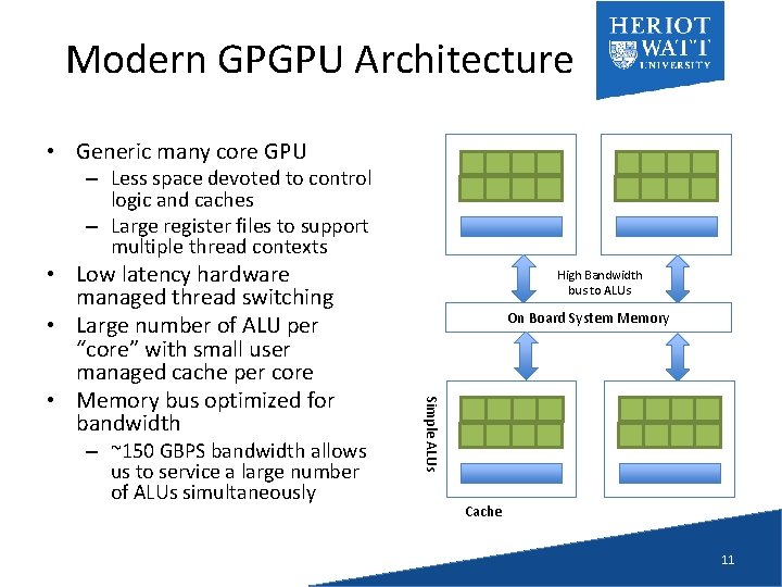 Modern GPGPU Architecture • Generic many core GPU – Less space devoted to control