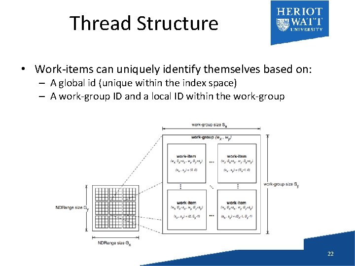 Thread Structure • Work-items can uniquely identify themselves based on: – A global id