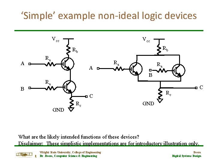 ‘Simple’ example non-ideal logic devices Vcc Rb Rb A Ra Ra B B Ra