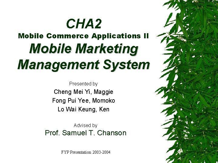 CHA 2 Mobile Commerce Applications II Mobile Marketing Management System Presented by Cheng Mei