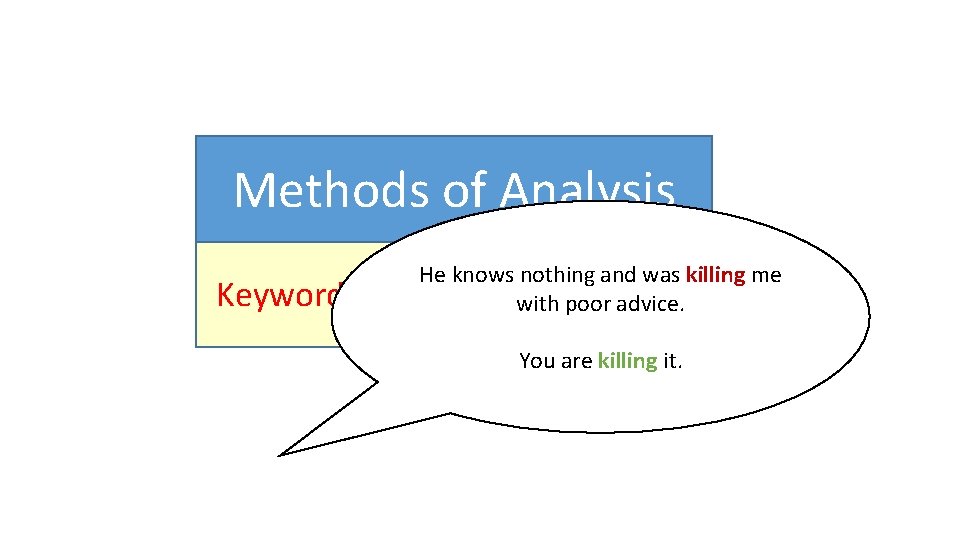 Methods of Analysis He knows nothing and was killing me Keywords/Rule Based, Statistical with