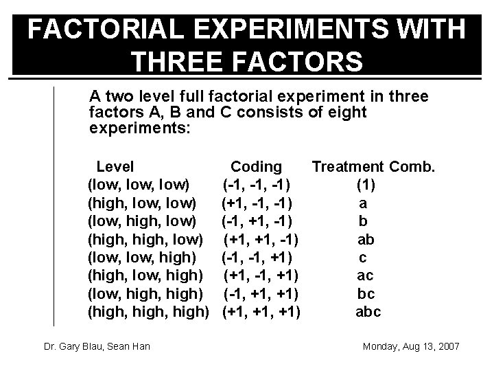 FACTORIAL EXPERIMENTS WITH THREE FACTORS A two level full factorial experiment in three factors