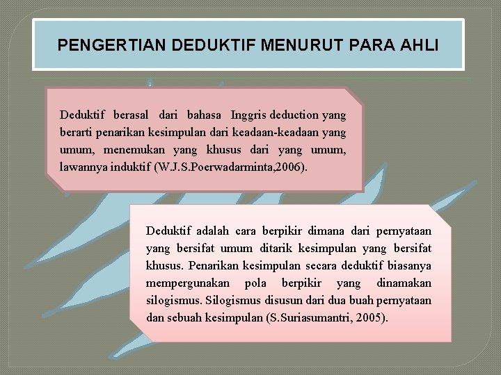 PENGERTIAN DEDUKTIF MENURUT PARA AHLI Deduktif berasal dari bahasa Inggris deduction yang berarti penarikan