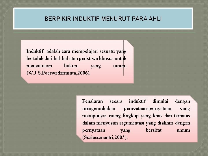 BERPIKIR INDUKTIF MENURUT PARA AHLI Induktif adalah cara mempelajari sesuatu yang bertolak dari hal-hal