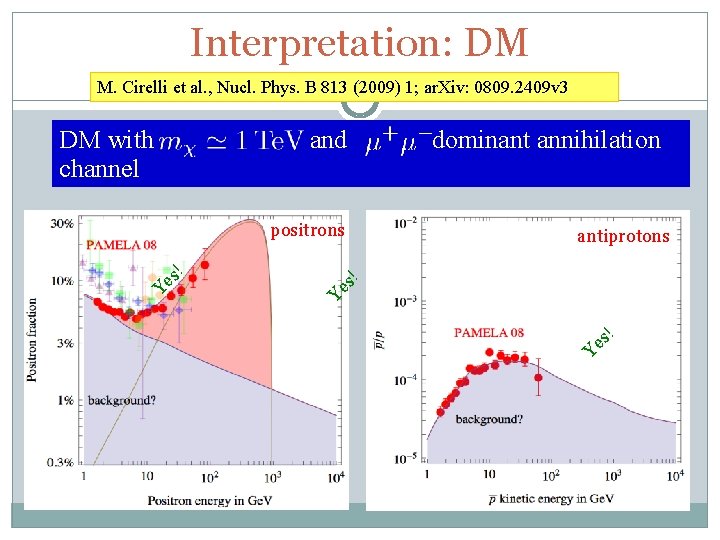 Interpretation: DM M. Cirelli et al. , Nucl. Phys. B 813 (2009) 1; ar.