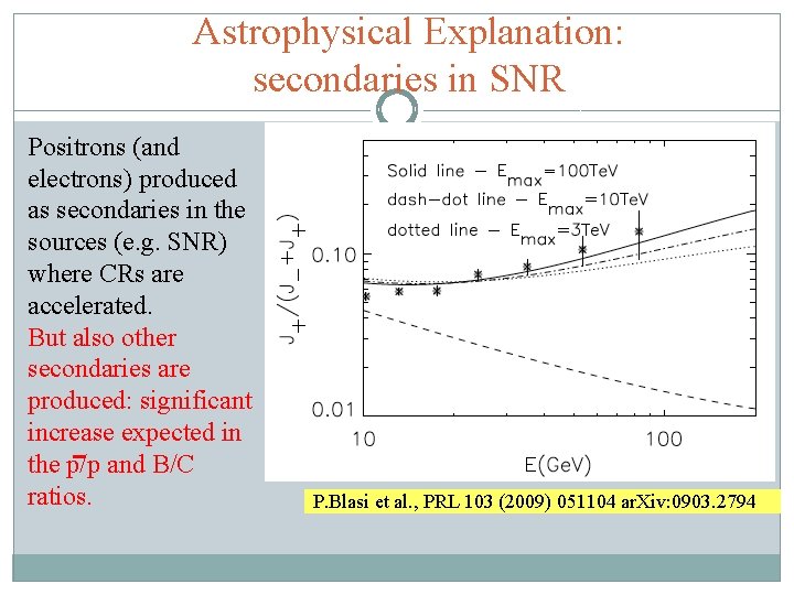 Astrophysical Explanation: secondaries in SNR Positrons (and electrons) produced as secondaries in the sources