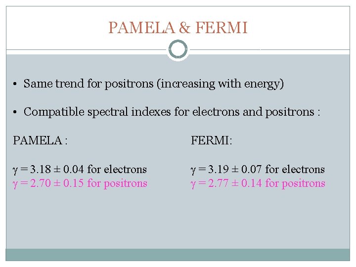 PAMELA & FERMI • Same trend for positrons (increasing with energy) • Compatible spectral