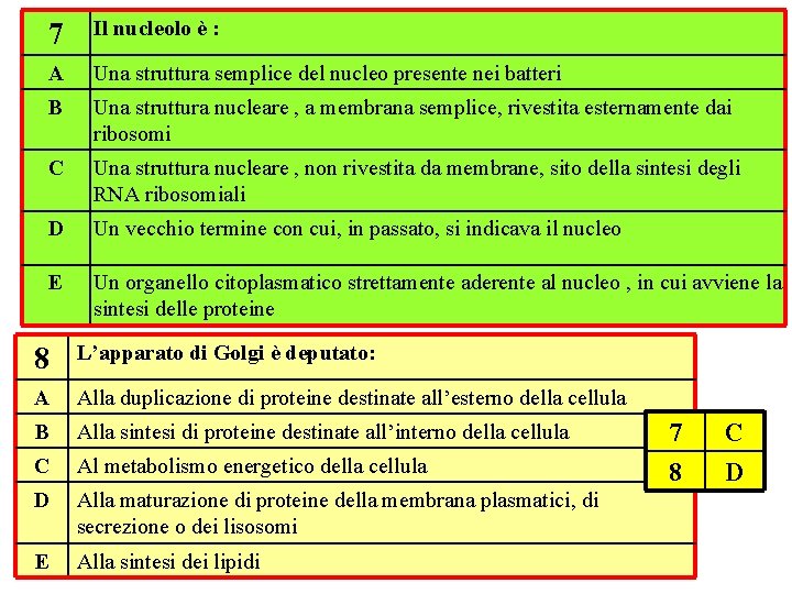 7 Il nucleolo è : A Una struttura semplice del nucleo presente nei batteri