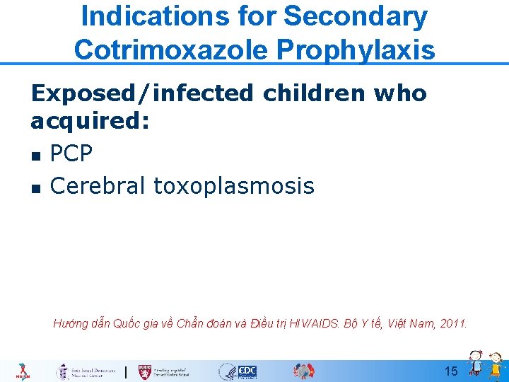 Indications for Secondary Cotrimoxazole Prophylaxis Exposed/infected children who acquired: n PCP n Cerebral toxoplasmosis