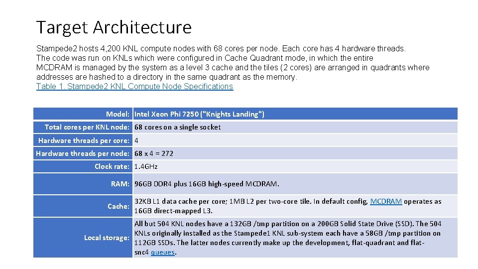 Target Architecture Stampede 2 hosts 4, 200 KNL compute nodes with 68 cores per
