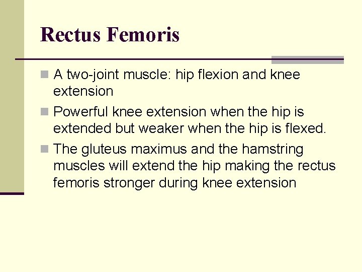 Rectus Femoris n A two-joint muscle: hip flexion and knee extension n Powerful knee