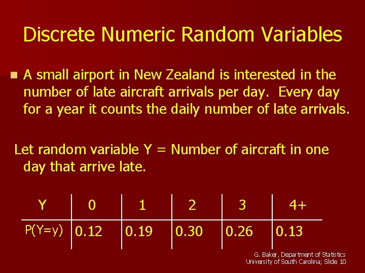 Discrete Numeric Random Variables n A small airport in New Zealand is interested in