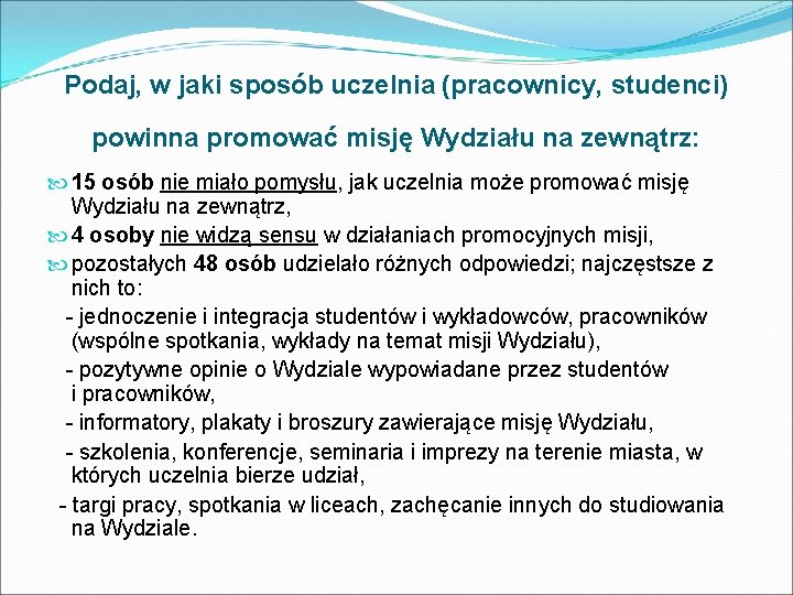 Podaj, w jaki sposób uczelnia (pracownicy, studenci) powinna promować misję Wydziału na zewnątrz: 15