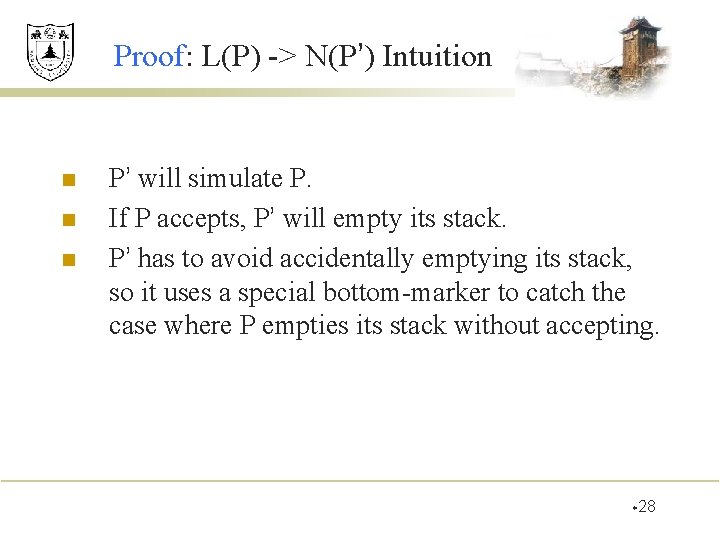 Proof: L(P) -> N(P’) Intuition n P’ will simulate P. If P accepts, P’ Proof: L(P) -> N(P’) Intuition n P’ will simulate P. If P accepts, P’