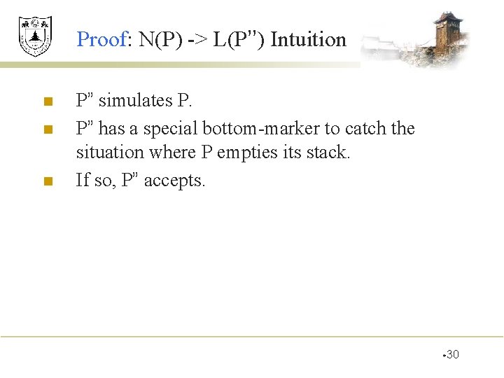 Proof: N(P) -> L(P’’) Intuition n P” simulates P. P” has a special bottom-marker Proof: N(P) -> L(P’’) Intuition n P” simulates P. P” has a special bottom-marker