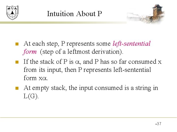 Intuition About P n n n At each step, P represents some left-sentential form Intuition About P n n n At each step, P represents some left-sentential form