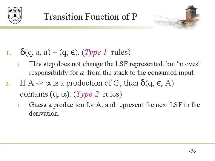 Transition Function of P δ(q, a, a) = (q, ε). (Type 1 rules) 1. Transition Function of P δ(q, a, a) = (q, ε). (Type 1 rules) 1.