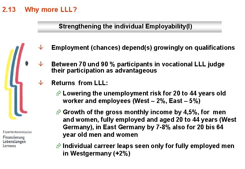 2. 13 Why more LLL? Strengthening the individual Employability(I) â Employment (chances) depend(s) growingly