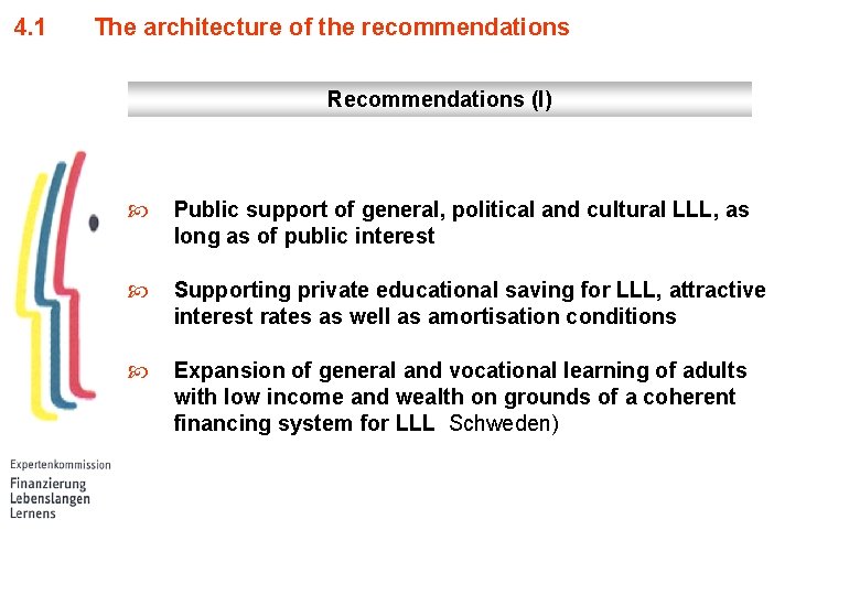 4. 1 The architecture of the recommendations Recommendations (I) Public support of general, political