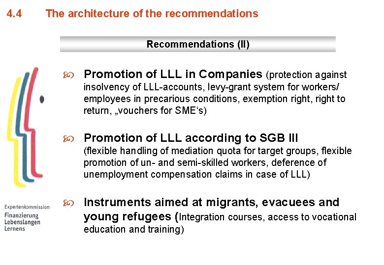 4. 4 The architecture of the recommendations Recommendations (II) Promotion of LLL in Companies