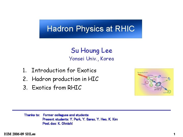 Hadron Physics at RHIC Su Houng Lee Yonsei Univ. , Korea 1. Introduction for