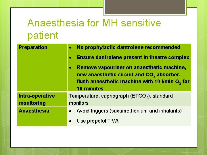 Anaesthesia for MH sensitive patient Preparation No prophylactic dantrolene recommended Ensure dantrolene present in
