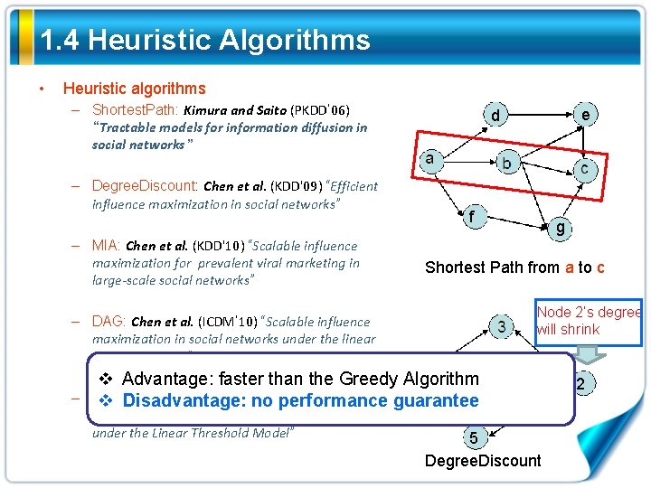 1. 4 Heuristic Algorithms • Heuristic algorithms – Shortest. Path: Kimura and Saito (PKDD’