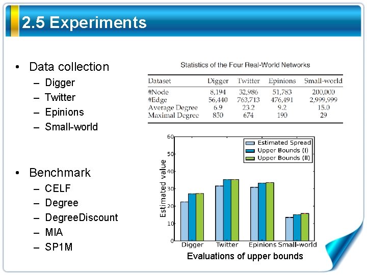 2. 5 Experiments • Data collection – – Digger Twitter Epinions Small-world • Benchmark