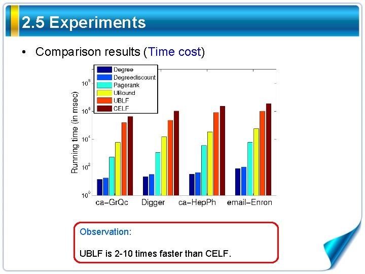 2. 5 Experiments • Comparison results (Time cost) Observation: UBLF is 2 -10 times