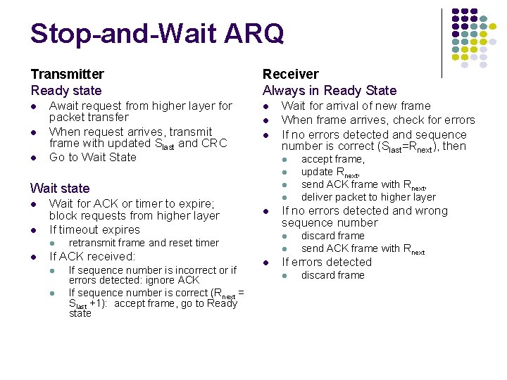 Stop-and-Wait ARQ Transmitter Ready state Await request from higher layer for packet transfer When