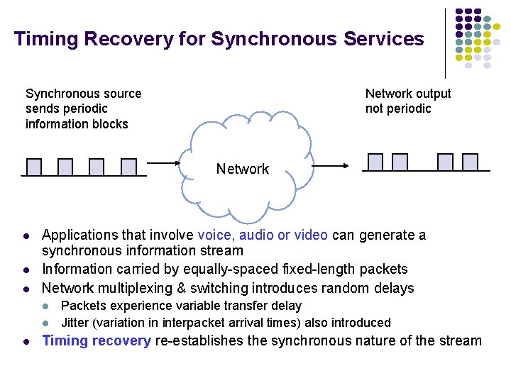 Timing Recovery for Synchronous Services Network output not periodic Synchronous source sends periodic information