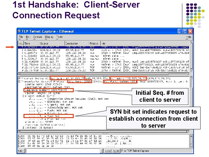 1 st Handshake: Client-Server Connection Request Initial Seq. # from client to server SYN