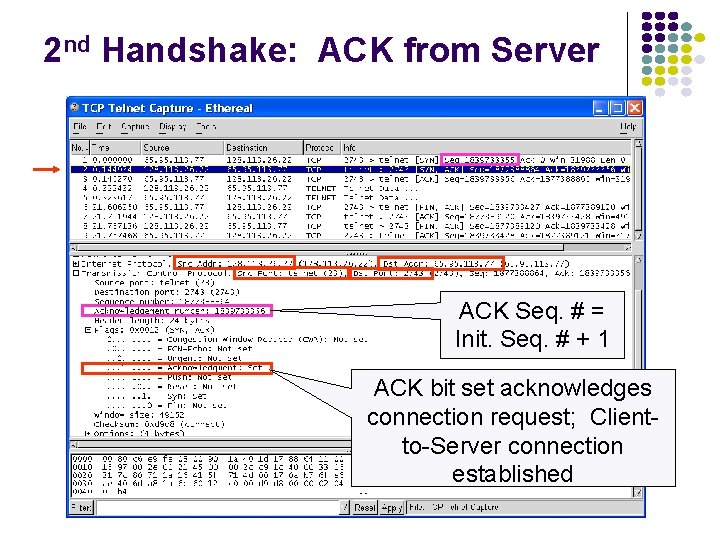 2 nd Handshake: ACK from Server ACK Seq. # = Init. Seq. # +