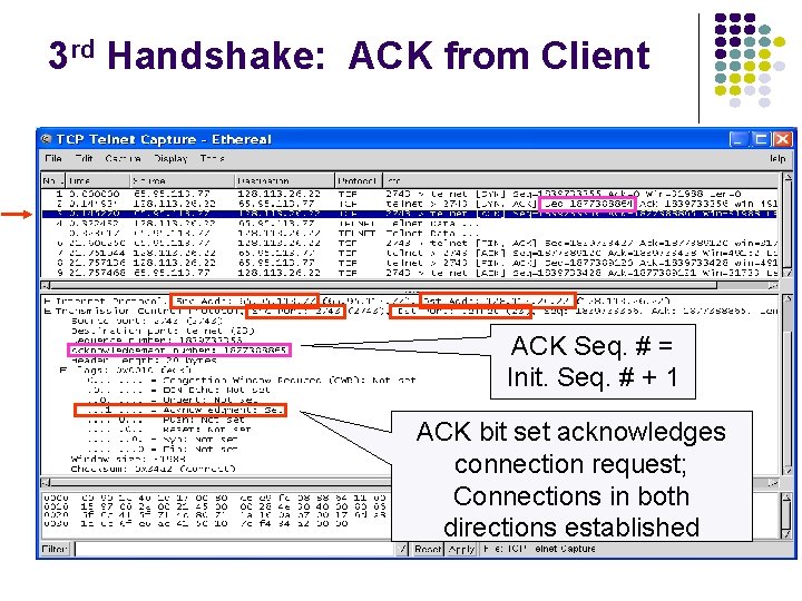 3 rd Handshake: ACK from Client ACK Seq. # = Init. Seq. # +