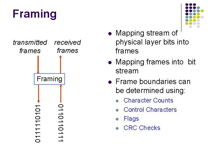 Framing transmitted frames received frames Framing Mapping stream of physical layer bits into frames