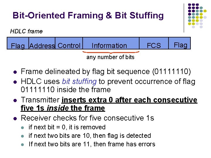 Bit-Oriented Framing & Bit Stuffing HDLC frame Flag Address Control Information FCS Flag any