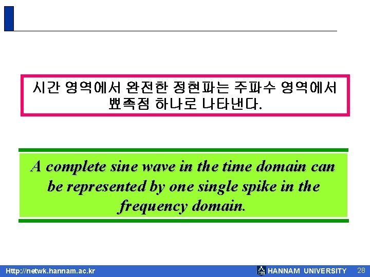 시간 영역에서 완전한 정현파는 주파수 영역에서 뾰족점 하나로 나타낸다. A complete sine wave in