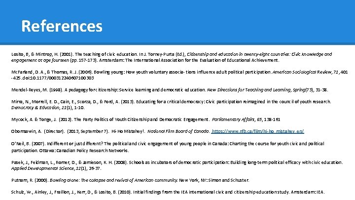 References Losito, B, & Mintrop, H. (2001). The teaching of civic education. In J.